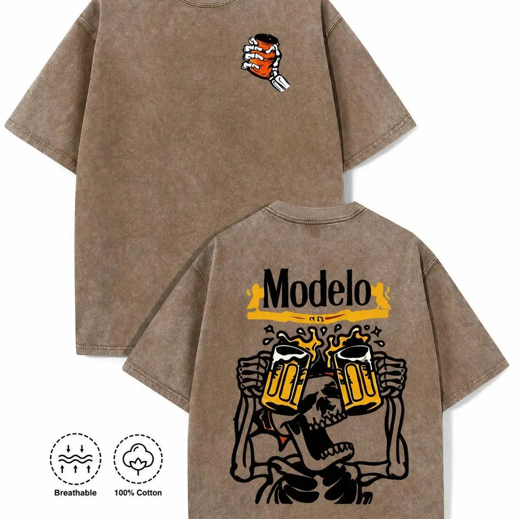 Vintage Acid Wash Skeleton Drinking Beer Graphic Tee Grunge Streetwear Y2K Clothing Oversized Summer Top loose fit casual shirt cotton t-shirt