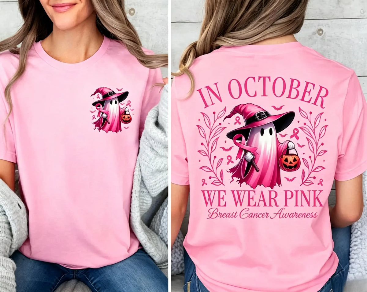 In October We Wear Pink Ghost Shirt, Halloween in October We Wear Pink, Breast Cancer Awareness Shirt, Pink Ribbon Shirt, Wear Pink Pumpkin PGS0018