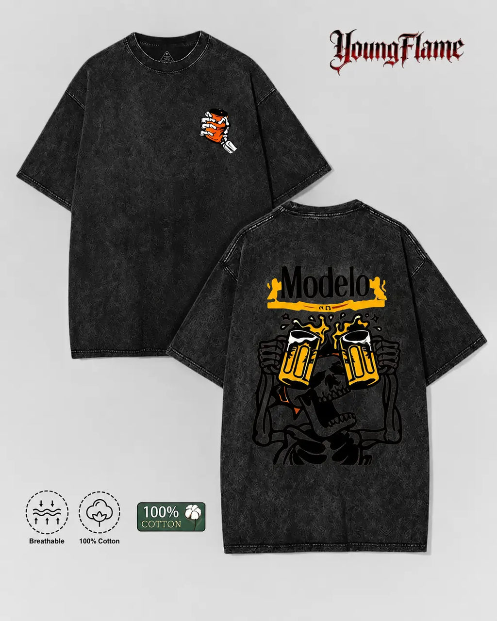 Vintage Acid Wash Skeleton Drinking Beer Graphic Tee Grunge Streetwear Y2K Clothing Oversized Summer Top loose fit casual shirt cotton t-shirt