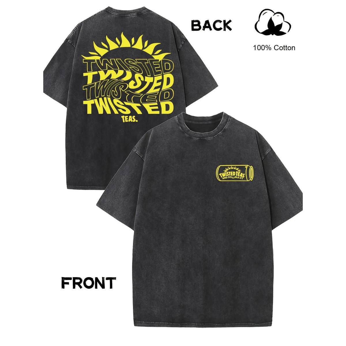 Vintage-Inspired Twisted Tea Cotton Short-Sleeve Tshirt - ,Double-Sided Print, Drop Shoulder Sleeves, 230g Thick High-Quality Fabric, Round Neck, Casual Streetwear Top