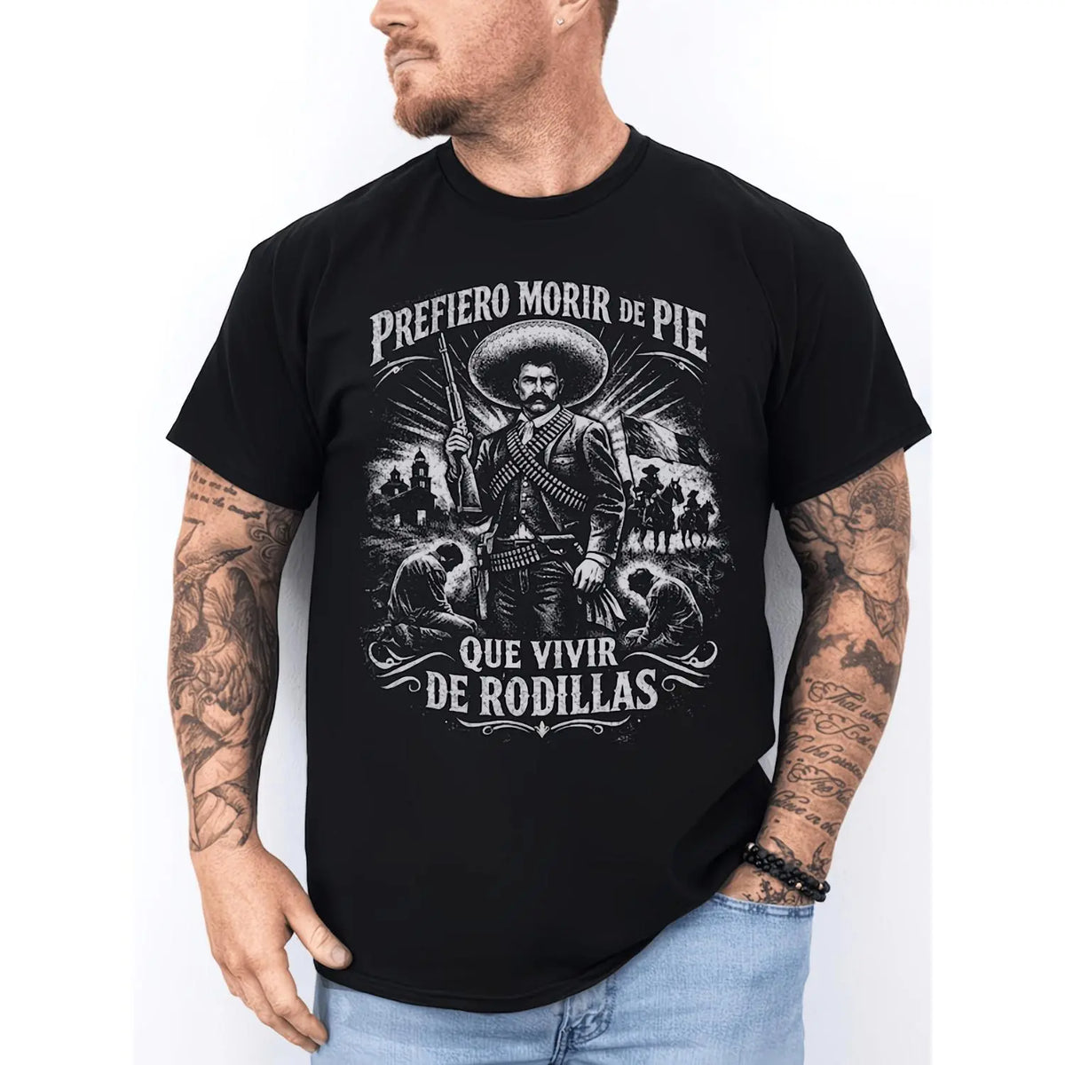 Men's 100% Pure Cotton Oversized Short-Sleeve Crew Neck T-Shirt - Historical Icon Emiliano Zapata Print Casual Graphic Top, Mexican Revolution Heat Transfer Menswear, Vintage Letter Gift for Friends