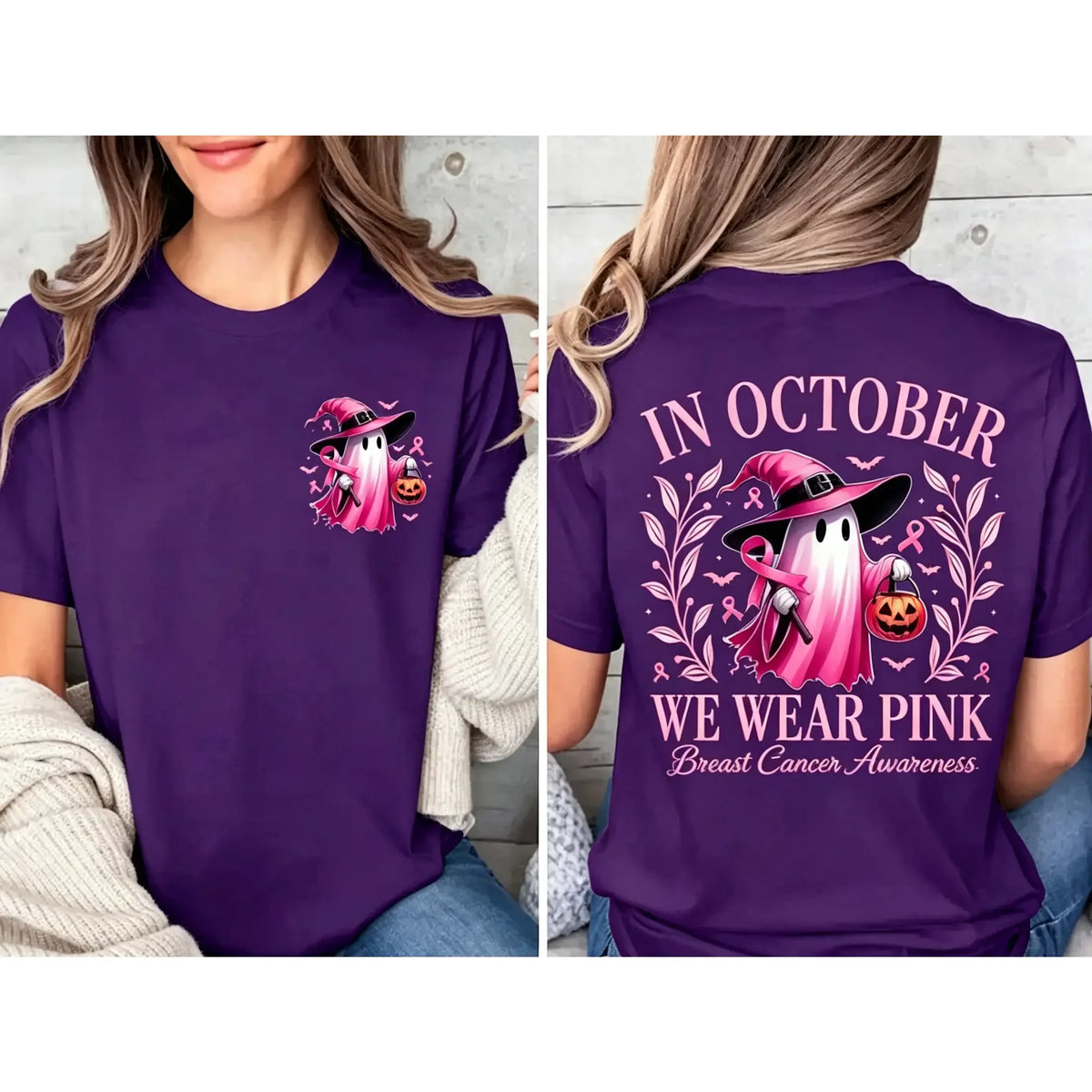In October We Wear Pink Ghost Shirt, Halloween in October We Wear Pink, Breast Cancer Awareness Shirt, Pink Ribbon Shirt, Wear Pink Pumpkin PGS0018