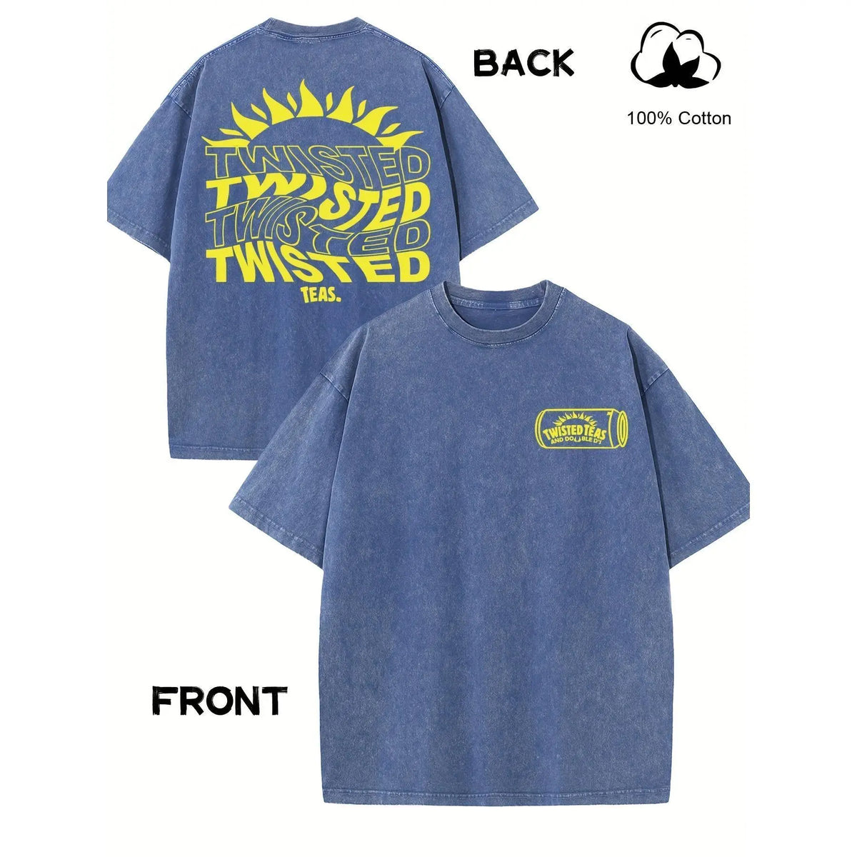 Vintage-Inspired Twisted Tea Cotton Short-Sleeve Tshirt - ,Double-Sided Print, Drop Shoulder Sleeves, 230g Thick High-Quality Fabric, Round Neck, Casual Streetwear Top