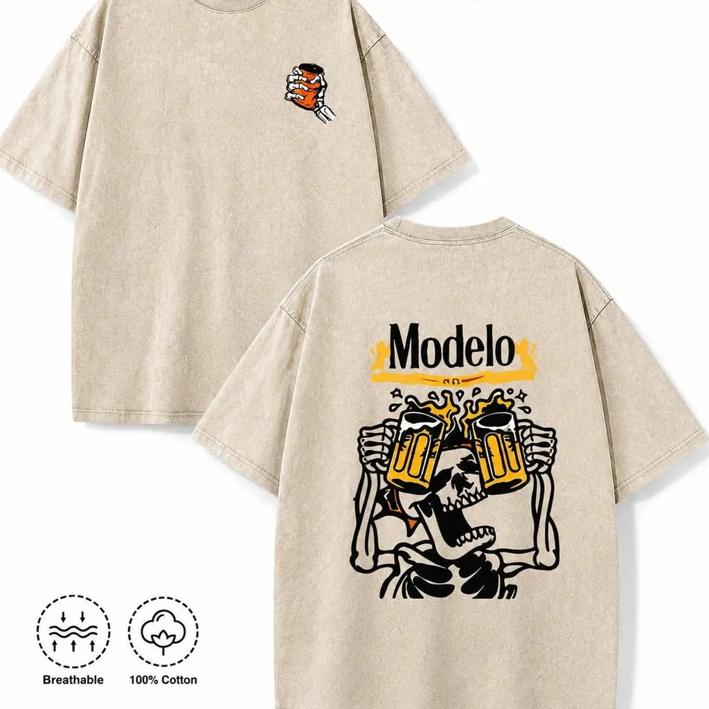 Vintage Acid Wash Skeleton Drinking Beer Graphic Tee Grunge Streetwear Y2K Clothing Oversized Summer Top loose fit casual shirt cotton t-shirt