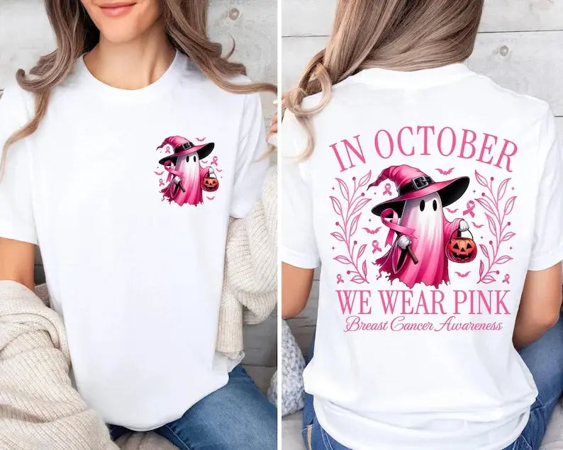 In October We Wear Pink Ghost Shirt, Halloween in October We Wear Pink, Breast Cancer Awareness Shirt, Pink Ribbon Shirt, Wear Pink Pumpkin PGS0018