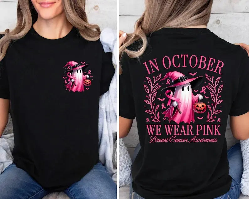 In October We Wear Pink Ghost Shirt, Halloween in October We Wear Pink, Breast Cancer Awareness Shirt, Pink Ribbon Shirt, Wear Pink Pumpkin PGS0018