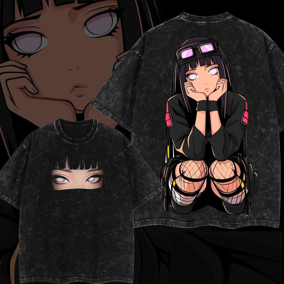 NARUTO Hinata Retro Oversized Washed Cotton T-Shirt - Mens Vintage Graphic Tees, Skeleton Theme Unisex Grunge Casual Breathable Anime Merch Top
